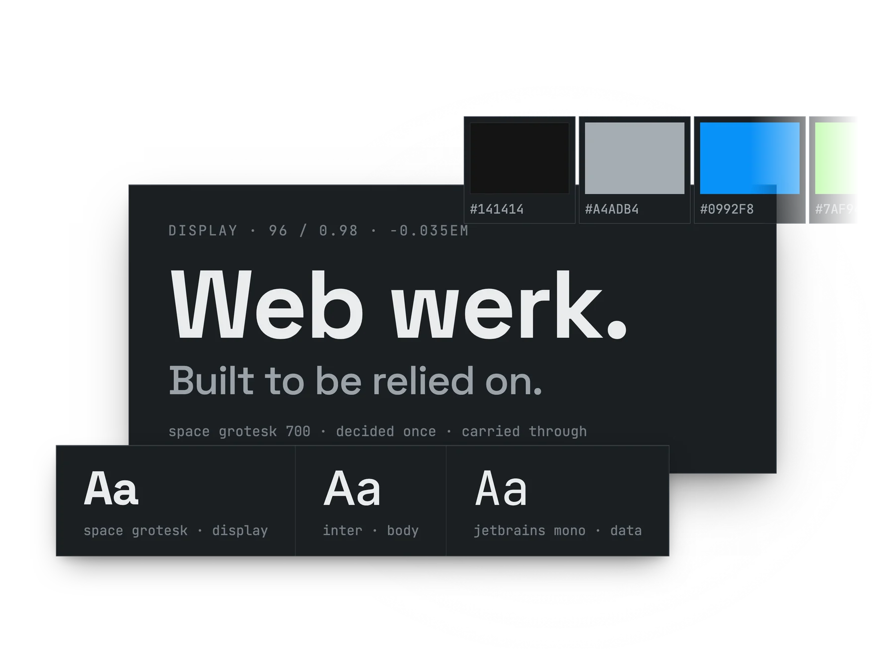 A palette of named color tokens beside a type specimen, the decisions a build draws from.
