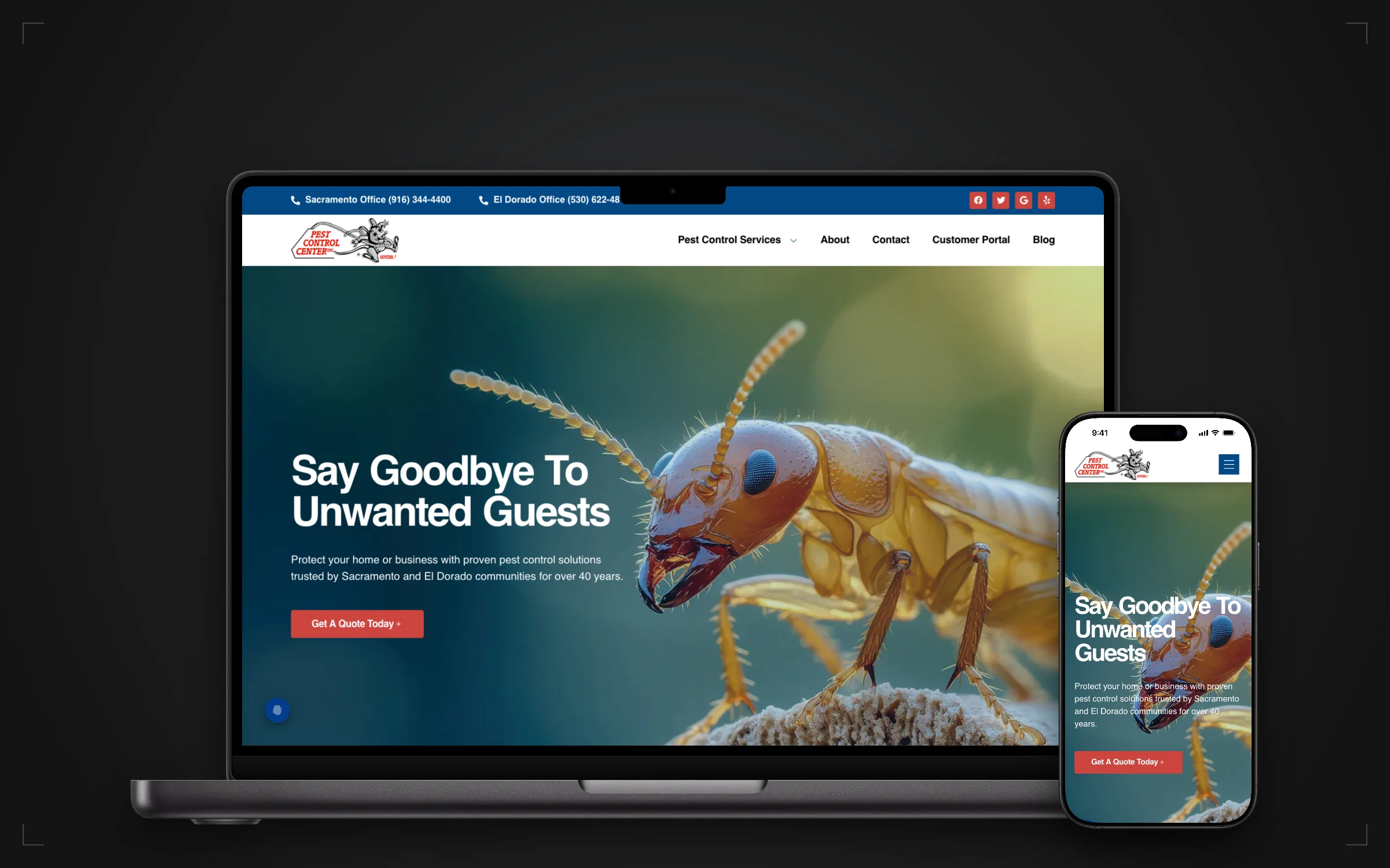 Pest Control Center — Case Study · WebWerks Dev — desktop and mobile composition